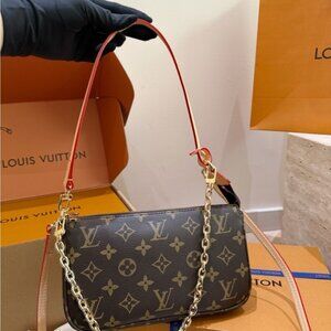 Louis Vuitton Monogram Canvas Shoulder Bag in Brown with Red Trim